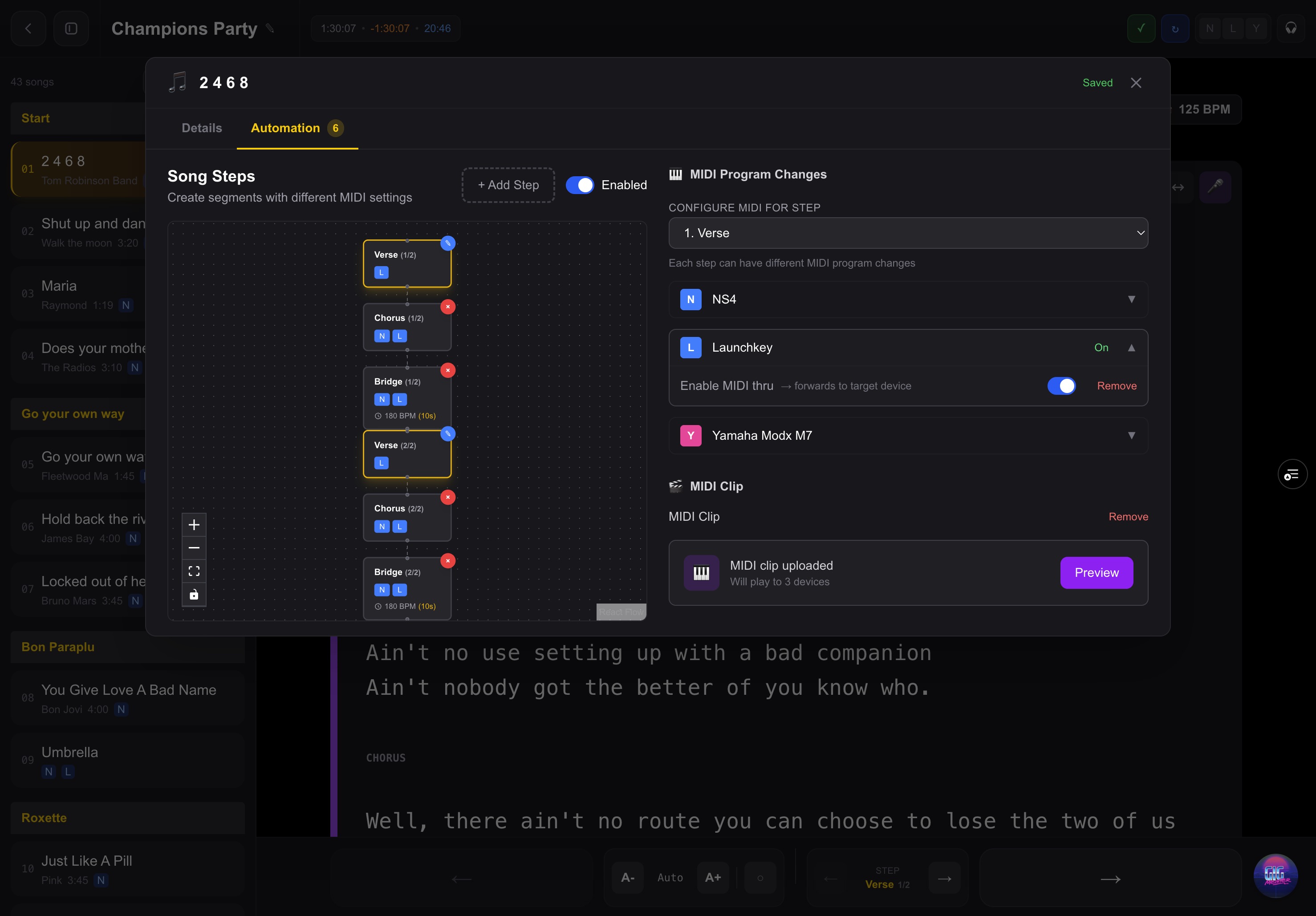 Song automation with MIDI program changes per step — Verse, Chorus, Bridge segments with different device settings